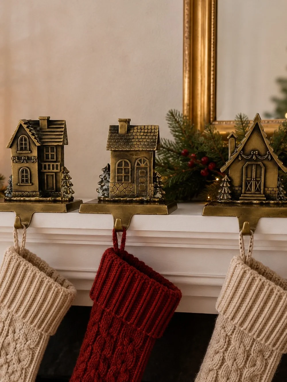 Vintage 1990’s Brass Christmas Village Stocking Holders Set/3 House Mantel Hooks